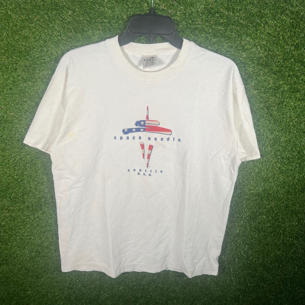 Vintage Cal Cru Space Needle Seattle USA T-Shirt White Textured 90s Mens Medium